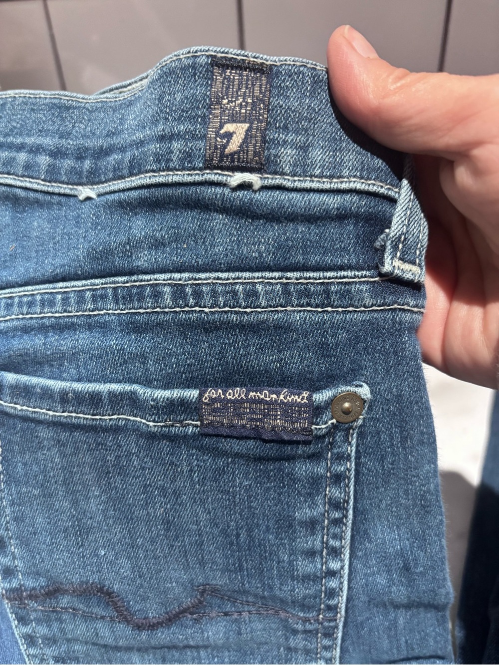7 For All Mankind Medium Blue Flare Jeans with Raw Hem - Picture 4 of 5